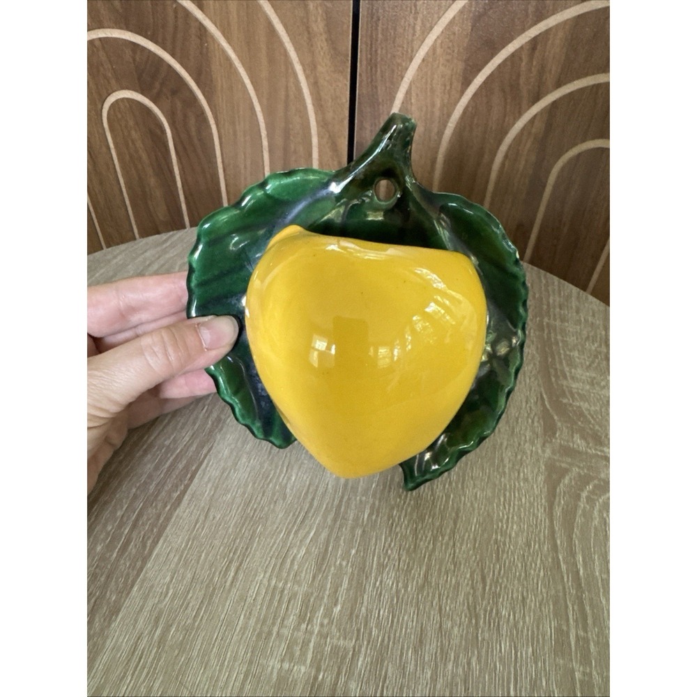 Vintage Ceramic Golden Yellow Apple Wall Pocket Hanging Decor Green Leaf